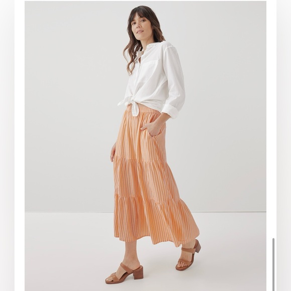 Pact Sunset Light Gauze Pull-On Citrus Stripe Tiered Midi Skirt SZ Large - Picture 4 of 15